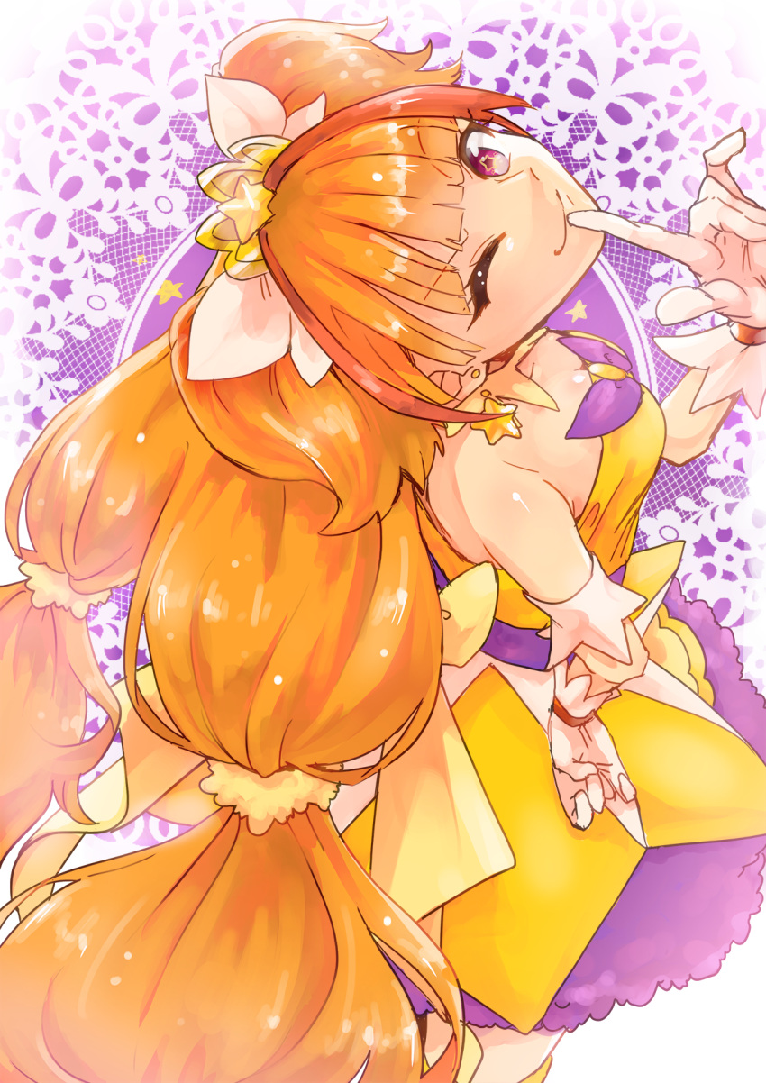 1girl ;) amanogawa_kirara bare_shoulders cure_twinkle earrings gloves go!_princess_precure hand_on_hip highres jewelry long_hair looking_at_viewer magical_girl one_eye_closed orange_hair pink_eyes precure smile star star-shaped_pupils star_earrings symbol-shaped_pupils toyosaka twintails white_gloves