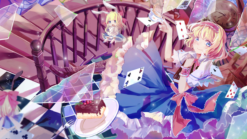 1girl alice_margatroid animal_ears blonde_hair blue_eyes blush book boots bow broken_glass cake capelet card checkered checkered_floor cross-laced_footwear cup doll dress food fork frilled_dress frills glass hair_bow hairband hand_on_own_chest highres holding holding_book long_hair looking_at_viewer neko_tanabata plate playing_card pocket_watch rabbit_ears ribbon shanghai_doll smile stairs teacup touhou watch wrist_cuffs