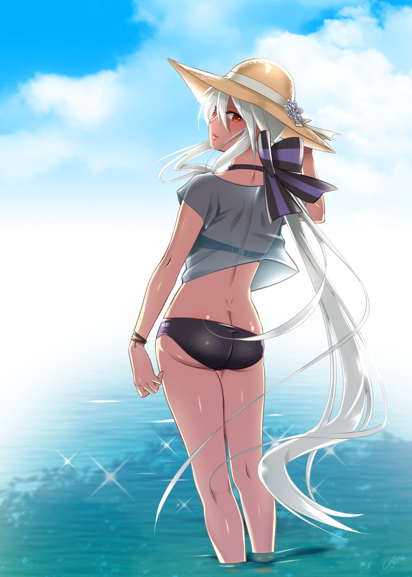 1girl ass bikini butt_crack caffein crop_top crop_top_overhang hat highres long_hair looking_back parted_lips ponytail red_eyes revision see-through silver_hair solo swimsuit thigh_gap very_long_hair vocaloid wading yowane_haku
