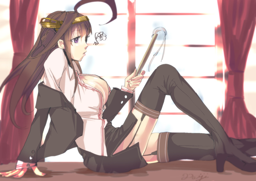 1girl antenna_hair arm_support armadillo-tokage black_legwear black_skirt blouse breasts brown_eyes brown_hair from_side garter_straps high_heels highres indoors kantai_collection kongou_(kantai_collection) large_breasts long_hair looking_down miniskirt office_lady open_blouse open_clothes side_slit sitting_on_desk skirt thigh-highs