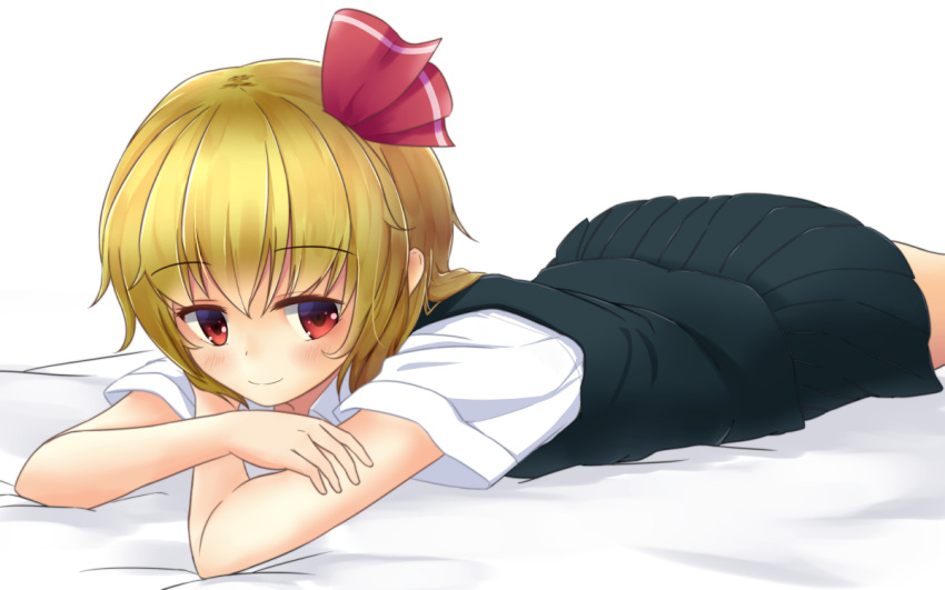 1girl blonde_hair blush bow hair_bow hair_ornament lying on_bed on_stomach pokio red_eyes rumia shirt short_hair short_sleeves simple_background skirt skirt_set smile solo touhou vest white_background