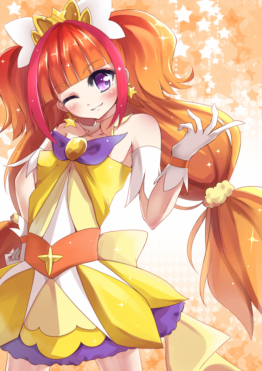 1girl ;) amanogawa_kirara bare_shoulders cure_twinkle earrings gloves go!_princess_precure hand_on_hip highres jewelry long_hair looking_at_viewer magical_girl multicolored_hair one_eye_closed orange_hair precure redhead smile soramuko star star_earrings starry_background twintails two-tone_hair violet_eyes white_gloves