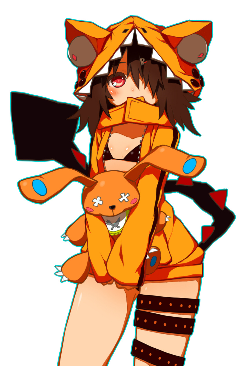 1girl animal_hood black_hair brown_hair flat_chest hair_ornament hair_over_one_eye hairclip highres holding hood hoodie navel open_clothes original rabbit ruiten short_hair simple_background small_breasts solo stuffed_animal stuffed_toy swimsuit swimsuit_under_clothes thigh_strap thighs