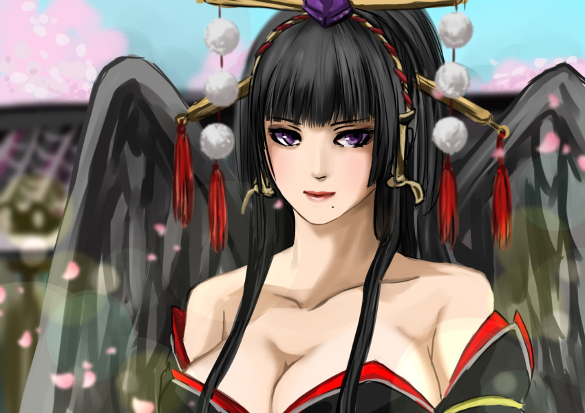 1girl bare_shoulders bird_wings black_hair black_wings breasts cherry_blossoms cleavage collarbone dead_or_alive dead_or_alive_5 feathered_wings hair_ornament hair_stick hair_tubes hayame_(m_ayame) hime_cut japanese_clothes kimono large_breasts lens_flare light_smile lips looking_at_viewer mole mole_under_mouth nyotengu parted_lips petals solo tengu thigh_strap upper_body violet_eyes wings