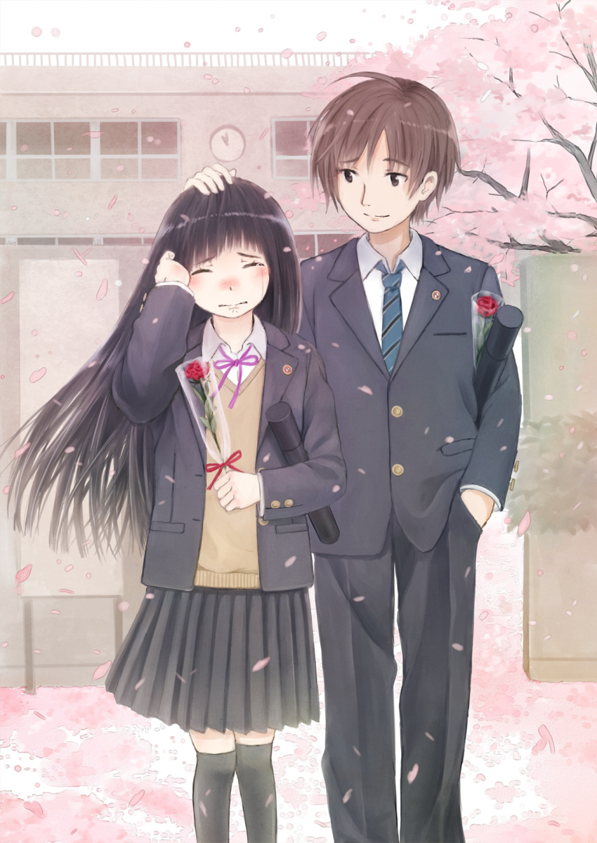 black_hair blazer brown_hair cherry_blossoms diploma flower graduation hand_on_another's_head highres long_hair looking_at_another original rose short_hair skirt smile sweater taka_(tsmix) tears uniform wiping_tears