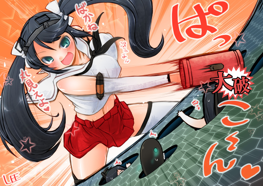 3girls aqua_eyes black_hair blush bouncing_breasts breasts highres i-class_destroyer isuzu_(kantai_collection) ka-class_submarine kantai_collection large_breasts lee_(colt) long_hair mallet midriff motion_blur multiple_girls open_mouth sailor_collar shinkaisei-kan solo_focus star sweat twintails whac-a-mole