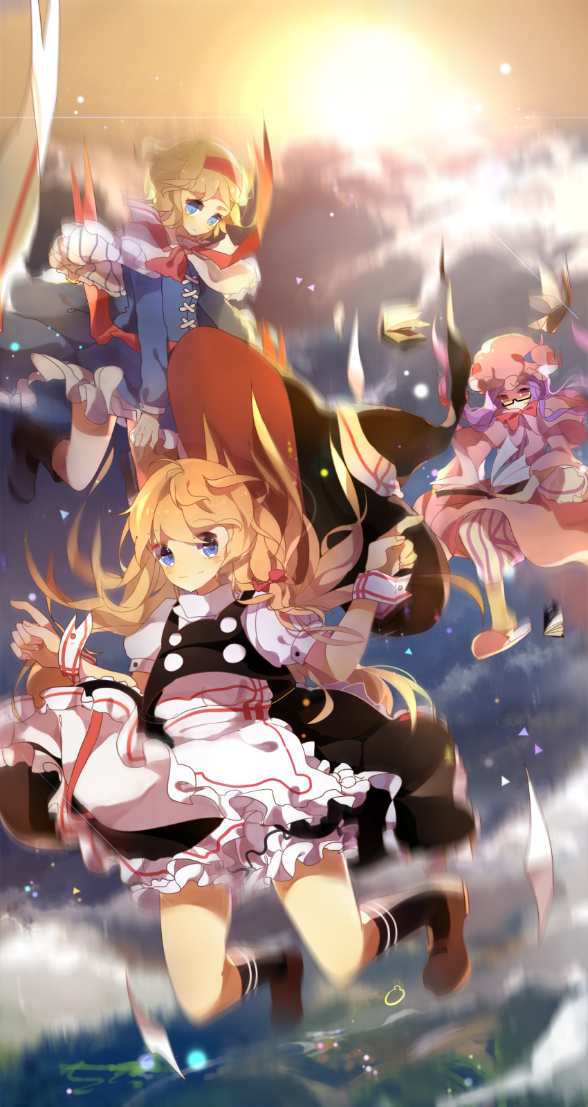 3girls absurdres alice_margatroid apron blonde_hair bloomers blue_eyes blurry blush book bow capelet clouds dress falling frills glasses hair_bow hair_ribbon hairband hat hat_ribbon highres kirisame_marisa long_hair looking_at_viewer lucky_small_pride midair mob_cap motion_blur multiple_girls paper patchouli_knowledge puffy_short_sleeves puffy_sleeves purple_hair red_bow ribbon short_hair short_sleeves skirt skirt_set sky slippers smile socks striped sun touhou underwear violet_eyes witch_hat wrist_cuffs