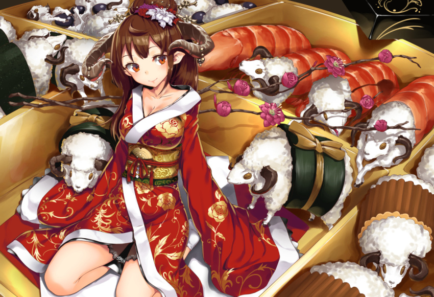 1girl blush breasts brown_hair flower food hair_flower hair_ornament horns japanese_clothes kimono large_breasts long_hair long_sleeves neo-masterpeacer new_year obi original osechi pointy_ears red_eyes sash sheep smile solo very_long_sleeves white_legwear