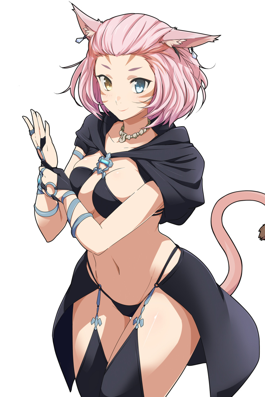 1girl animal_ears bikini blue_eyes breasts cat_ears cat_tail earrings final_fantasy final_fantasy_xiv heterochromia highres jewelry miqo'te necklace pink_hair pu-chin short_hair smile solo swimsuit tail thigh-highs yellow_eyes
