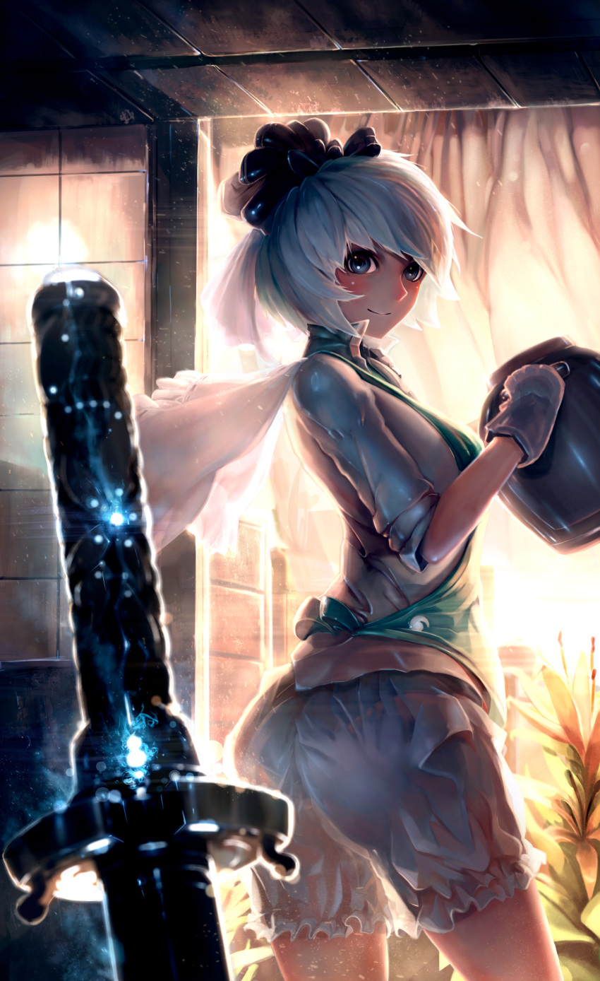 1girl absurdres apron bloomers blue_eyes blurry blush depth_of_field from_behind gloves hair_ribbon highres holding indoors janyhero katana konpaku_youmu looking_at_viewer looking_back panties panties_under_bloomers pot ribbon shirt short_hair silver_hair smile solo sword touhou underwear weapon