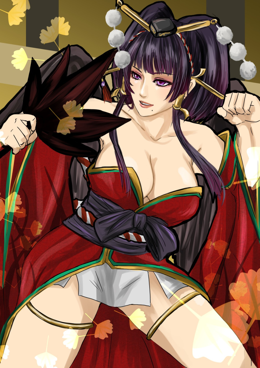 1girl bare_shoulders bird_wings black_hair black_wings breasts cleavage clenched_hand collarbone cowboy_shot dead_or_alive dead_or_alive_5 fan hair_ornament hair_stick hair_tubes hayame_(m_ayame) highres hime_cut japanese_clothes kimono large_breasts lips looking_to_the_side mole mole_under_mouth nyotengu parted_lips smile solo tengu thigh_strap violet_eyes wings