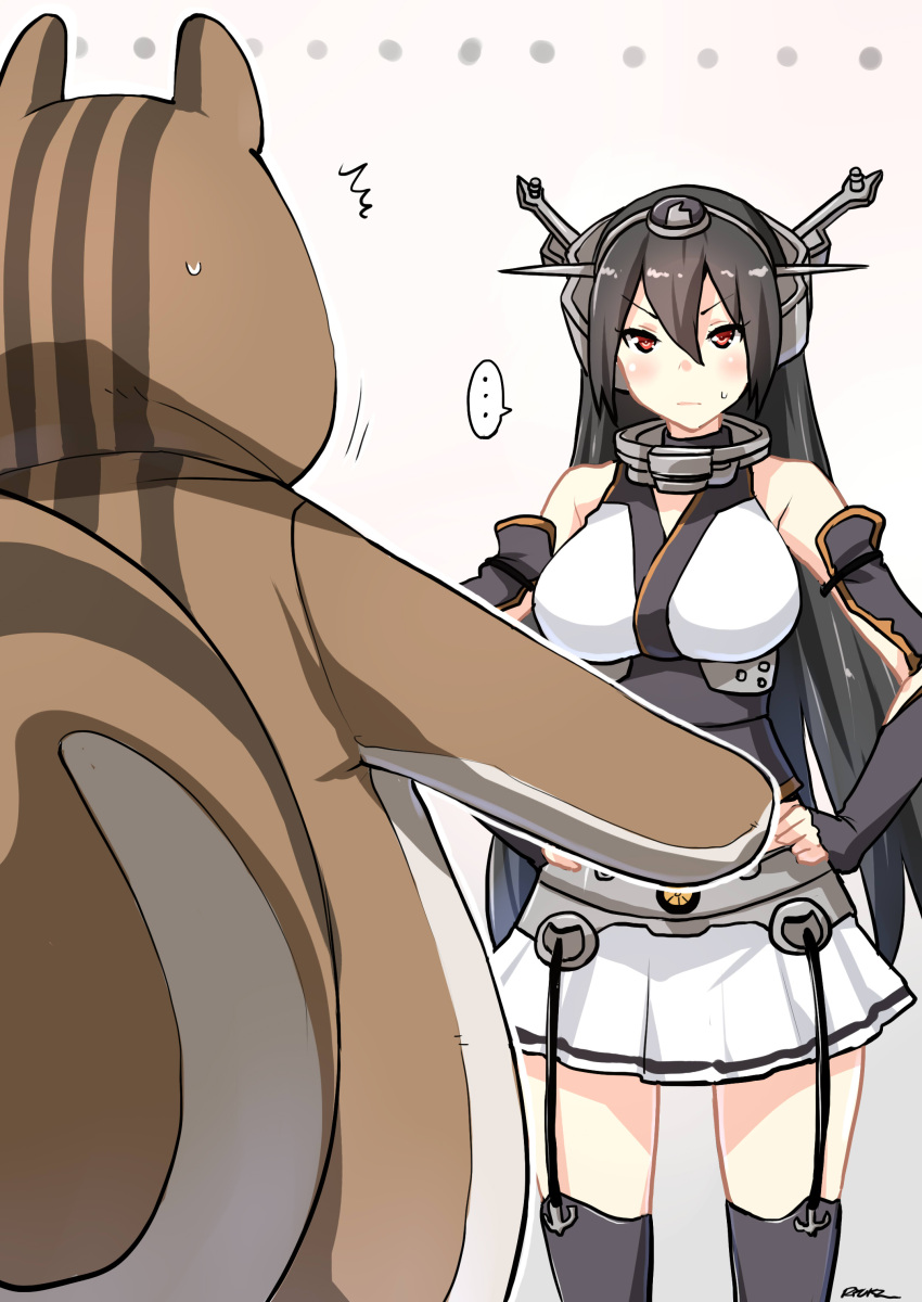 &gt;:| 1girl absurdres black_hair commentary_request headgear highres kantai_collection long_hair looking_at_viewer nagato_(kantai_collection) navel pleated_skirt red_eyes ryuki_(ryukisukune) skirt squirrel sweat