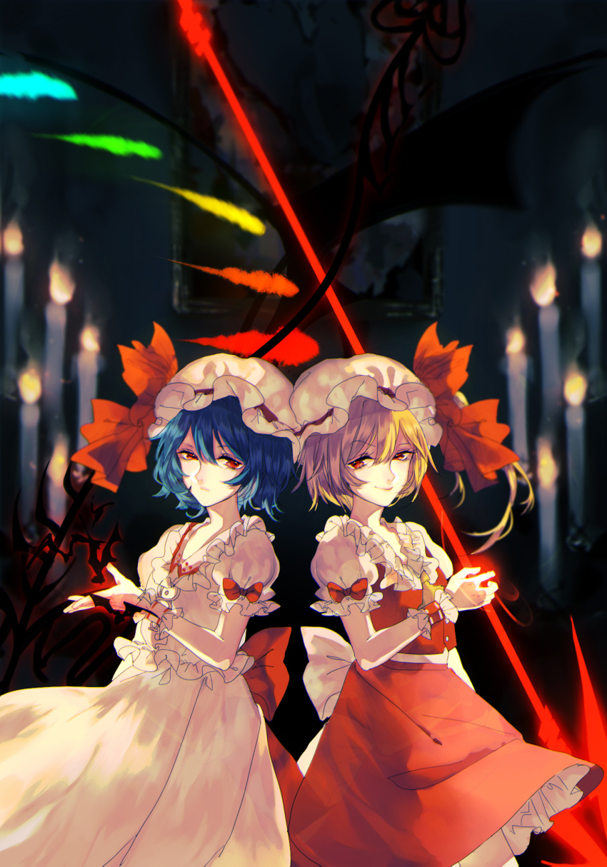2girls bat_wings blonde_hair blue_hair candle flandre_scarlet frills hat hat_ribbon highres holding laevatein looking_at_viewer mob_cap multiple_girls puffy_short_sleeves puffy_sleeves red_bow red_eyes red_ribbon remilia_scarlet ribbon shirt short_hair short_sleeves side_ponytail skirt skirt_set smile spear_the_gungnir tian_(my_dear) touhou vest wings wrist_cuffs