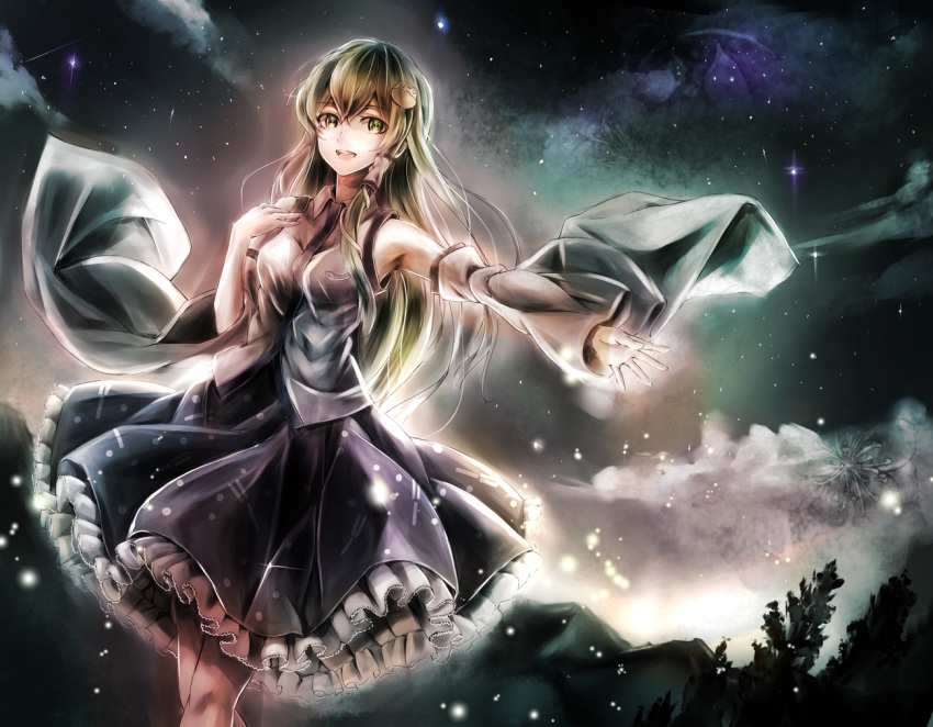 1girl breasts cowboy_shot detached_sleeves frilled_skirt frills frog_hair_ornament green_eyes green_hair hair_ornament jan_(artist) kochiya_sanae long_hair looking_at_viewer nebula night night_sky open_mouth outdoors outstretched_arm revision skirt sky smile snake_hair_ornament solo star_(sky) starry_sky touhou very_long_hair