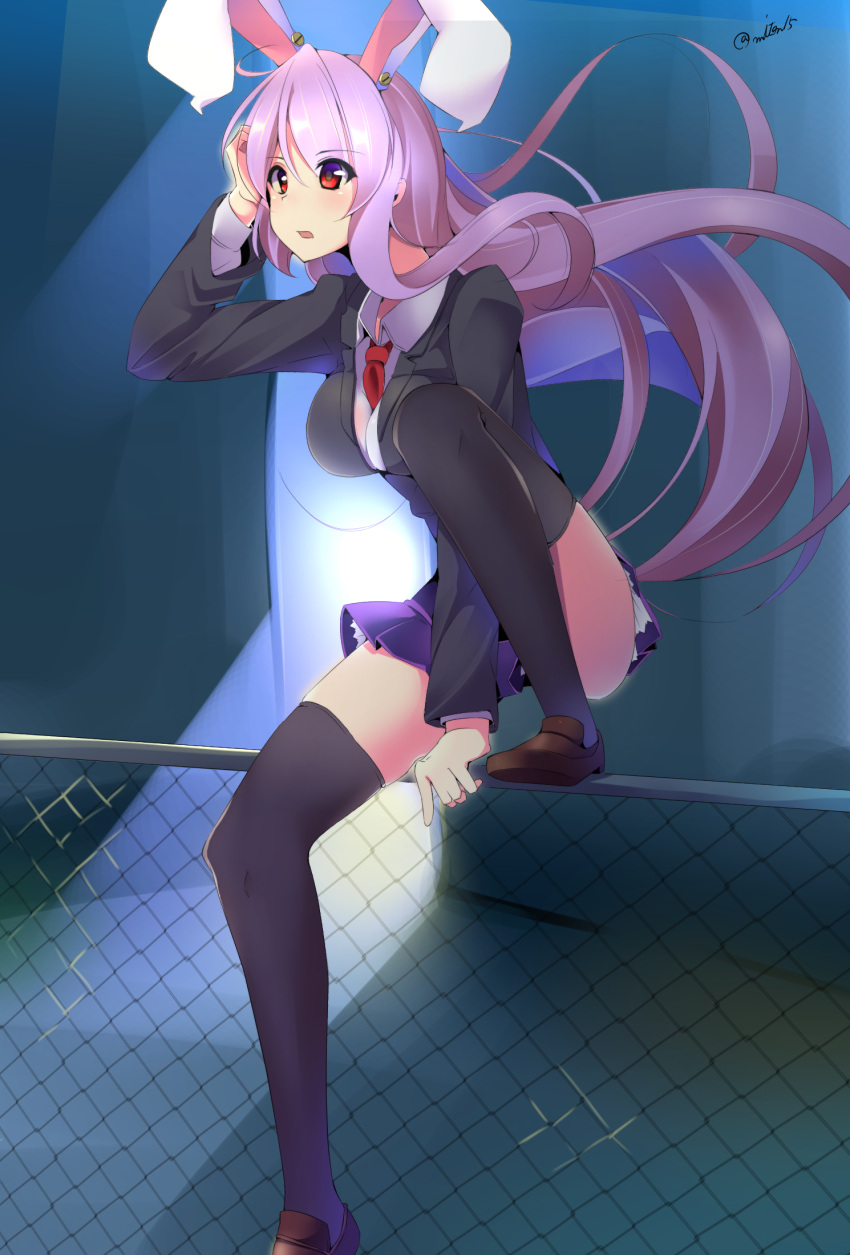 1girl alley animal_ears black_legwear blazer breasts brown_shoes climbing collared_shirt commentary_request ears fence hand_on_own_head highres long_hair long_sleeves miton15 necktie night open_mouth outdoors purple_hair purple_skirt rabbit_ears red_eyes reisen_udongein_inaba shoes skirt solo thigh-highs thighs touhou twitter_username