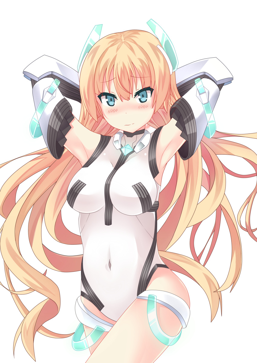 1girl absurdres angela_balzac armpits arms_behind_head blonde_hair blue_eyes blush breasts chrisandita covered_navel cowboy_shot hair_ornament headgear highres impossible_clothes impossible_leotard large_breasts leotard long_hair looking_at_viewer low_twintails rakuen_tsuihou simple_background solo transparent_background twintails very_long_hair