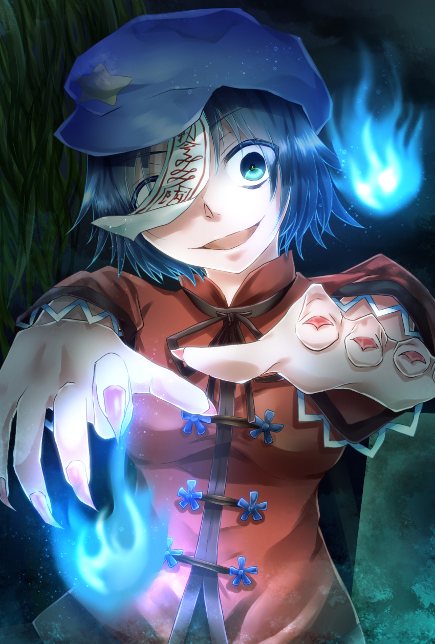 1girl blue_eyes blue_hair breasts chinese_clothes fingernails hat highres hitodama hokuto_shigure looking_at_viewer miyako_yoshika night ofuda one_eye_covered outdoors outstretched_arms sharp_fingernails short_hair solo star touhou upper_body willow zombie_pose