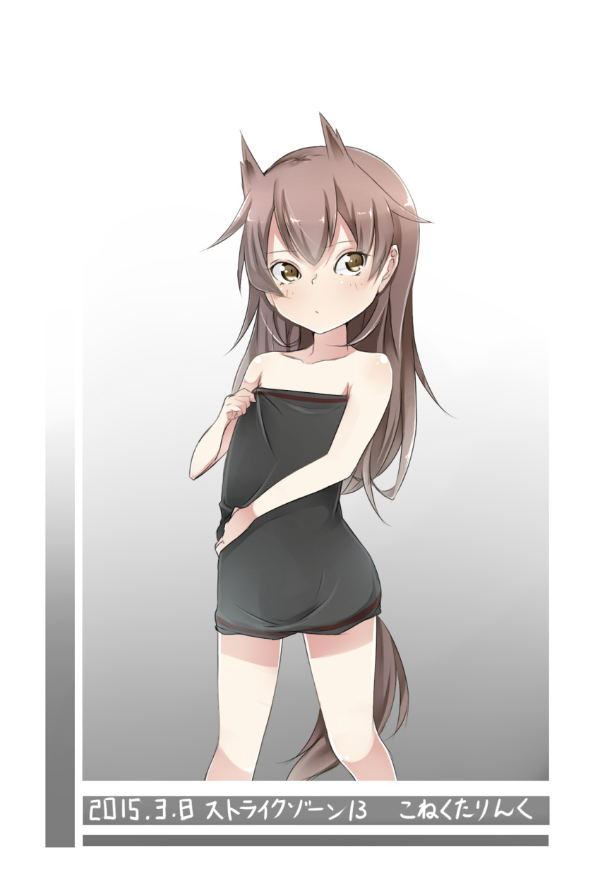 1girl alternate_hairstyle angela_salas_larrazabal animal_ears black_dress blush brown_hair child collarbone dated dress hair_down hatsumi_nekuta highres horse_ears horse_tail long_hair solo strapless_dress strike_witches tail yellow_eyes younger