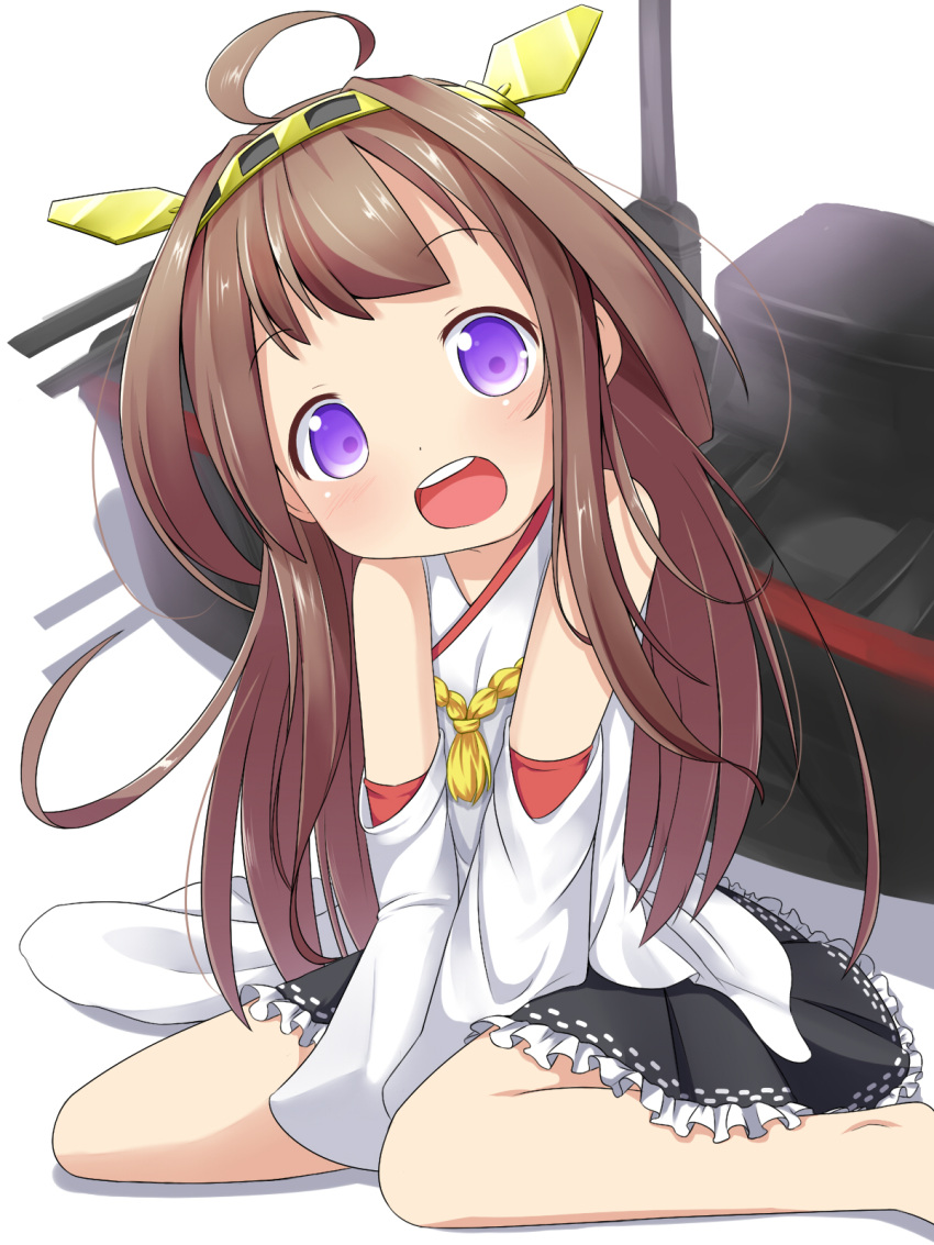 1girl ahoge backlighting bare_shoulders barefoot brown_hair child detached_sleeves hair_ornament head_tilt highres kantai_collection kongou_(kantai_collection) long_hair looking_at_viewer machinery makuran open_mouth shirt sitting skirt smile solo v_arms very_long_hair violet_eyes wariza younger