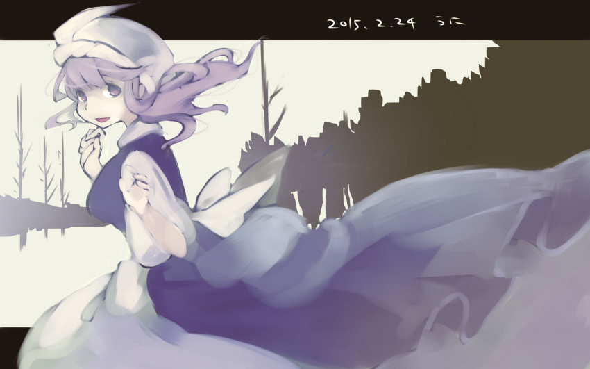 1girl :d dated dress flowing_dress hat lavender_eyes lavender_hair letty_whiterock looking_at_viewer namauni open_mouth smile solo touhou winter