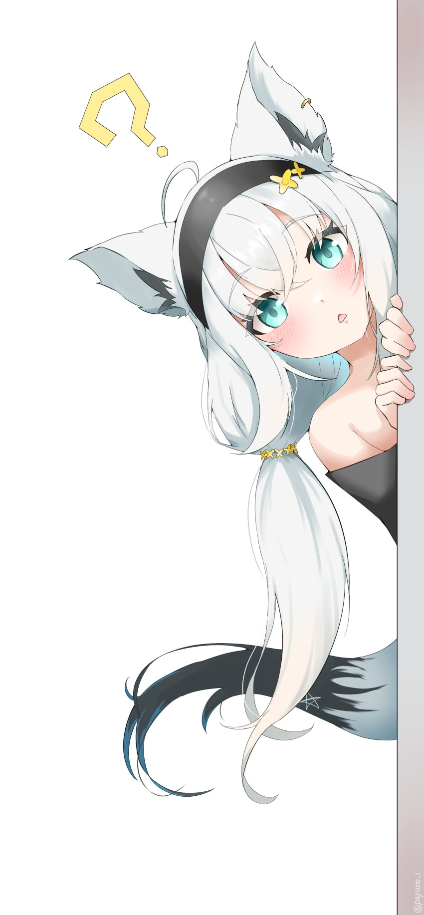1girl ? absurdres ahoge animal_ear_fluff animal_ears black_hairband black_shirt blush commentary_request earrings fox_ears fox_girl fox_tail green_eyes hair_between_eyes hairband highres hololive jewelry long_hair looking_at_viewer low_twintails open_mouth payano_i peeking_out pentagram shirakami_fubuki shirt sidelocks simple_background solo tail twintails virtual_youtuber white_background white_hair