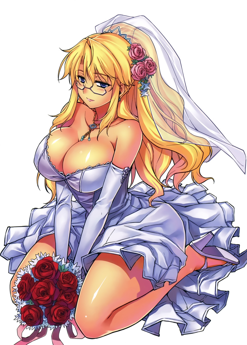 1girl absurdres bare_shoulders blonde_hair blue_eyes blush bouquet breasts bridal_veil cleavage dress earrings elbow_gloves flower freezing glasses gloves hair_flower hair_ornament high_heels highres huge_breasts jewelry kim_kwang_hyun kneeling legs light_smile long_hair necklace official_art rose satellizer_el_bridget scan shoes simple_background sitting solo sparkle strapless_dress thighs veil wariza wedding_dress white_background