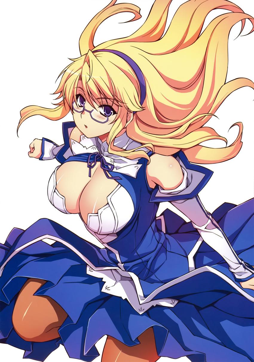 1girl absurdres bare_shoulders blonde_hair blue_eyes blush bow breasts cleavage cleavage_cutout detached_sleeves dress freezing glasses hairband highres kim_kwang_hyun large_breasts long_hair long_sleeves looking_at_viewer no_bra official_art pantyhose satellizer_el_bridget semi-rimless_glasses solo under-rim_glasses