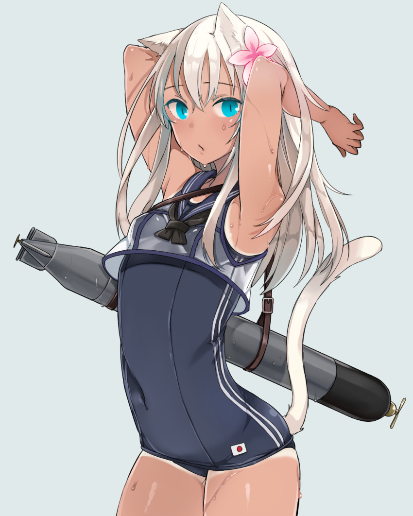 1girl animal_ears armpits arms_up bare_legs blue_eyes cat_ears cat_tail covered_navel cowboy_shot crop_top crop_top_overhang flower hair_flower hair_ornament highres kantai_collection kemonomimi_mode long_hair looking_at_viewer neckerchief one-piece_swimsuit oniku_(oishii_oniku) parted_lips ro-500_(kantai_collection) sailor_collar school_uniform serafuku slit_pupils solo swimsuit swimsuit_under_clothes tail tan tanline torpedo wet
