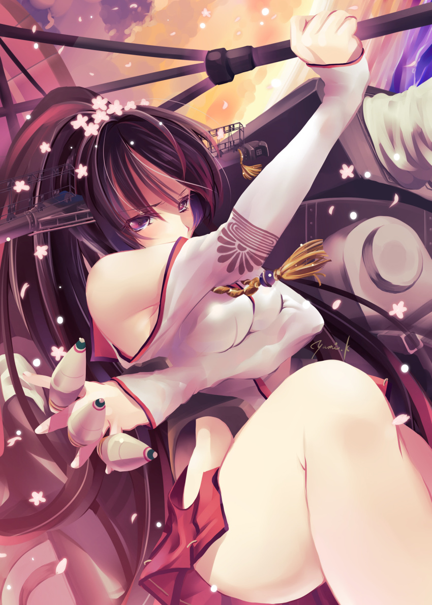 1girl breast_squeeze breasts brown_eyes brown_hair cherry_blossoms covering_mouth crossed_arms flower hair_flower hair_ornament headgear high_ponytail highres kantai_collection kousaka_yami large_breasts long_hair mecha_musume oriental_umbrella pleated_skirt ponytail pose red_skirt ribbon-trimmed_skirt skirt solo type_91_armor-piercing_shell umbrella upper_body very_long_hair yamato_(kantai_collection)