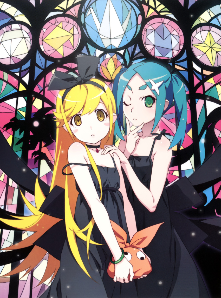 2girls :&lt; absurdres bangs black_dress blonde_hair blue_hair blush_stickers bracelet choker dress eyebrows flat_chest green_eyes hair_ornament hairband hand_on_another's_shoulder highres jewelry long_hair looking_at_viewer monogatari_(series) multiple_girls official_art ononoki_yotsugi oshino_shinobu parted_bangs parted_lips scan stained_glass strap_slip swept_bangs twintails very_long_hair watanabe_akio yellow_eyes
