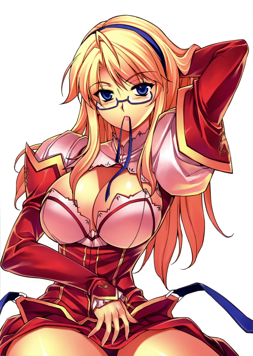 1girl absurdres blonde_hair blue_eyes blush bow breasts cleavage cleavage_cutout detached_sleeves freezing glasses hairband highres kim_kwang_hyun lace-trimmed_shirt large_breasts long_hair long_skirt long_sleeves looking_at_viewer mouth_hold no_bra official_art satellizer_el_bridget scan semi-rimless_glasses shirt skirt sleeves_past_wrists solo under-rim_glasses