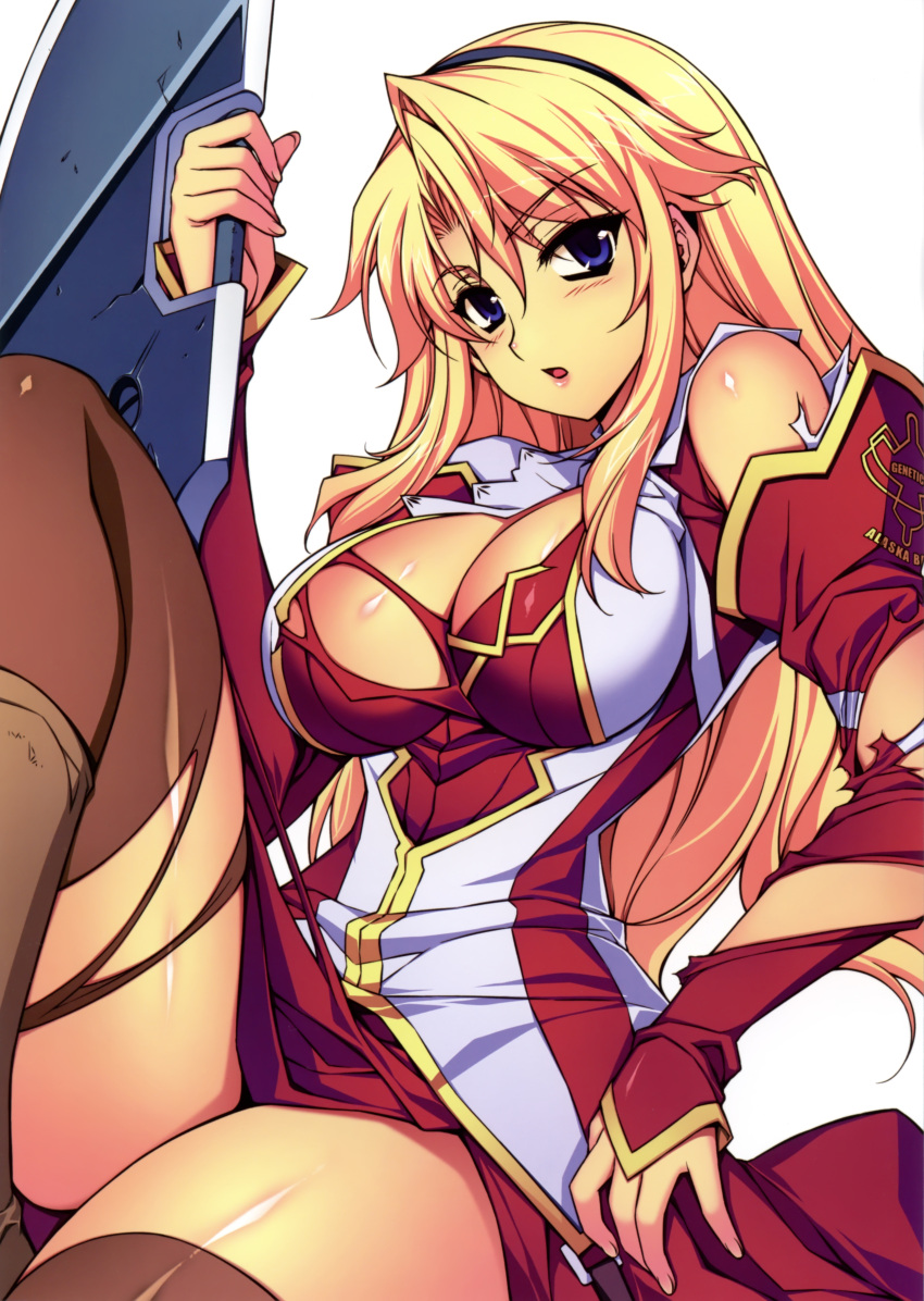 1girl absurdres blonde_hair blue_eyes blush boots breasts cleavage cleavage_cutout detached_sleeves freezing hairband highres kim_kwang_hyun knee_boots large_breasts long_hair long_skirt long_sleeves looking_at_viewer no_bra official_art open_mouth parted_lips satellizer_el_bridget school_uniform shirt skirt sleeves_past_wrists solo sword thigh-highs torn_clothes torn_shirt torn_thighhighs very_long_hair weapon