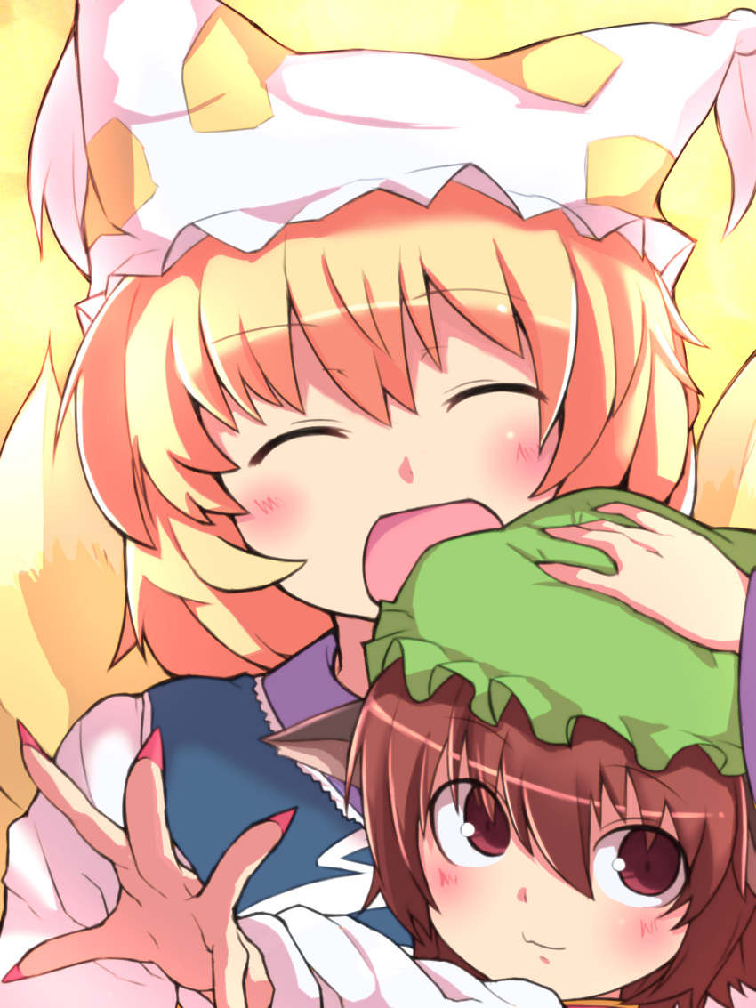 2girls animal_ears blonde_hair blush brown_eyes brown_hair cat_ears chen closed_eyes fingernails fox_tail hand_on_another's_hat hand_on_another's_head hat highres koutetu_bouya mob_cap multiple_girls outstretched_arms pillow_hat reaching short_hair smile tail tassel touhou yakumo_ran