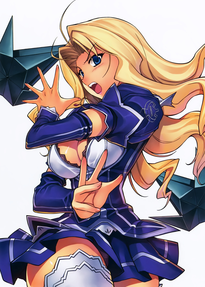 1girl absurdres antenna_hair blonde_hair blue_eyes blush boots breasts cleavage cleavage_cutout detached_sleeves dress elbow_gloves elizabeth_mayberry freezing gloves highres jewelry kim_kwang_hyun large_breasts long_hair looking_at_viewer necklace no_bra official_art open_mouth puffy_short_sleeves puffy_sleeves scan shirt short_sleeves skirt solo thigh-highs thigh_boots