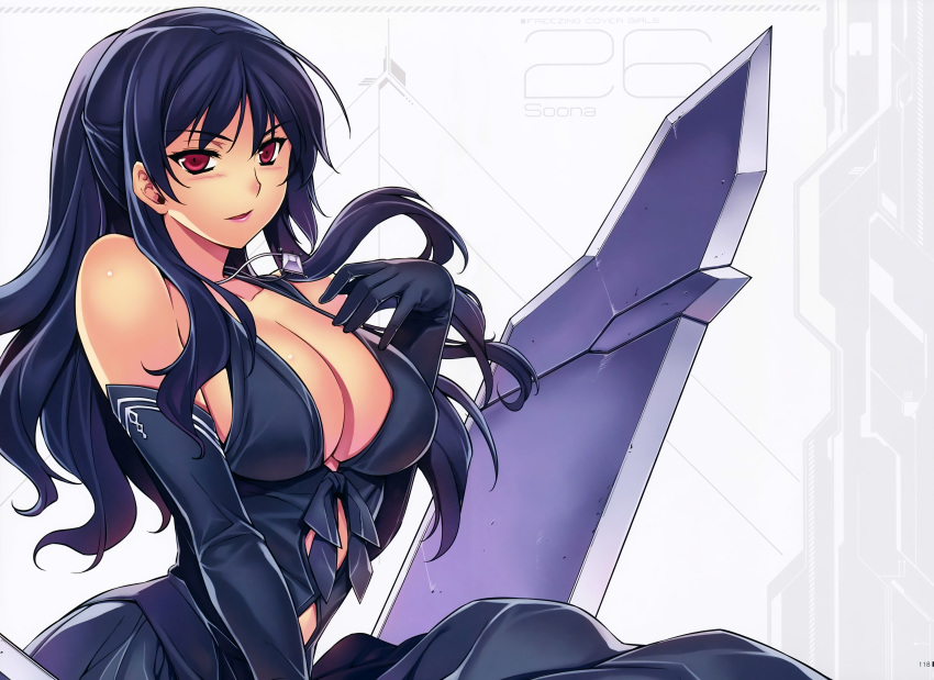 1girl absurdres barefoot black_dress black_gloves black_hair breasts cleavage dress elbow_gloves freezing gloves half_updo hand_on_own_chest highres jewelry kim_kwang_hyun large_breasts looking_at_viewer necklace payot red_eyes scan smile solo sword weapon