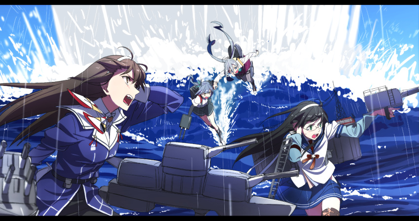 ashigara_(kantai_collection) black_hair blue_eyes brown_eyes brown_hair glasses grey_hair hairband kantai_collection kasumi_(kantai_collection) kinosuke_(sositeimanoga) kiyoshimo_(kantai_collection) letterboxed machinery ooyodo_(kantai_collection) pantyhose thigh-highs turret twintails uniform