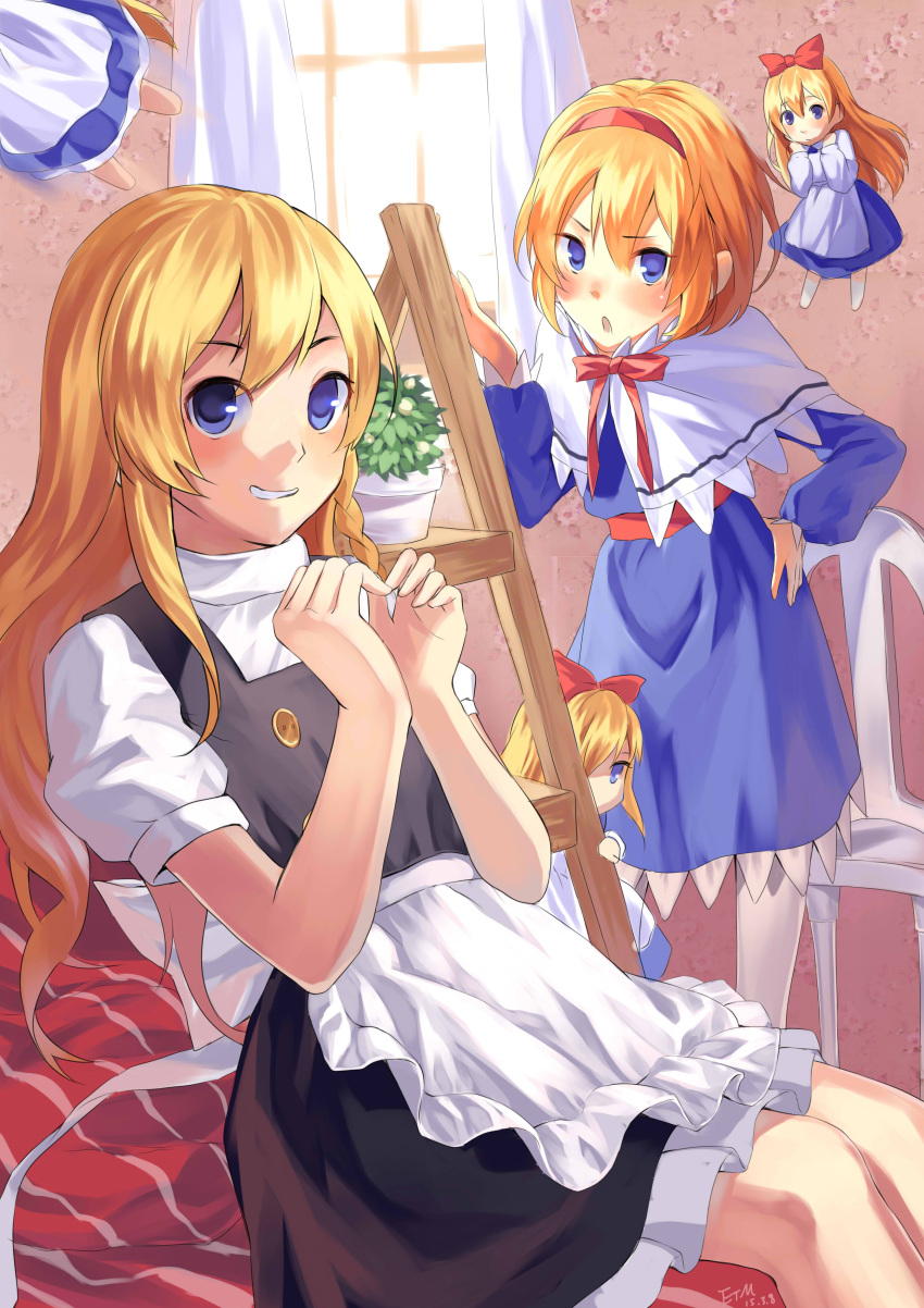 2girls absurdres alice_margatroid apron blonde_hair blue_eyes blush bow chair curtains etm_(75220988) flying grin hair_bow hairband hand_on_hip heart heart_hands highres indoors kirisame_marisa leaning_back leaning_forward levitation long_hair lonhg_hair looking_at_viewer multiple_girls no_hat out_of_frame pantyhose peeking_out plant potted_plant shanghai_doll shelf short_hair short_sleeves sitting_on_bed skirt skirt_set smile touhou waist_apron white_legwear window