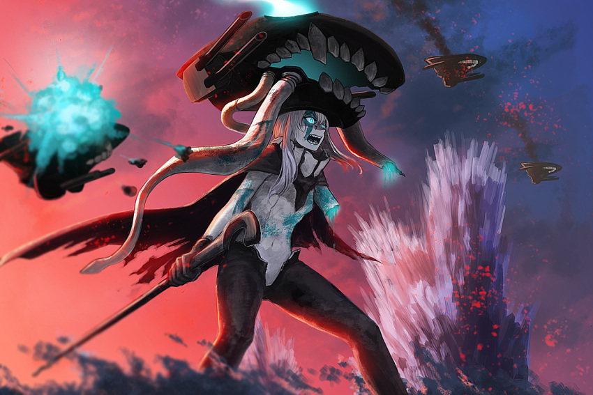 airplane blue_blood cane cape explosion kantai_collection severed_limb wo-class_aircraft_carrier yue_(yueanh)