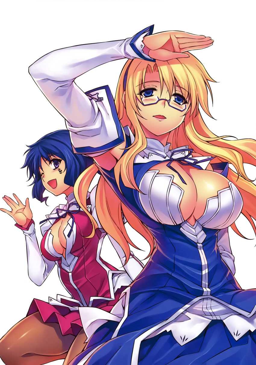 2girls absurdres blonde_hair blue_eyes blush bow breasts cleavage cleavage_cutout detached_sleeves freezing glasses hairband highres kim_kwang_hyun lana_rinchen large_breasts long_hair long_skirt long_sleeves looking_at_viewer multiple_girls no_bra official_art one_eye_closed open_mouth pantyhose pleated_skirt satellizer_el_bridget semi-rimless_glasses shirt skirt sleeves_past_wrists tattoo under-rim_glasses violet_eyes