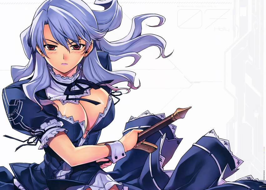 1girl absurdres blue_hair blush bow breasts character_name cleavage cleavage_cutout dress earrings freezing highres holly_rose huge_filesize jewelry kim_kwang_hyun large_breasts lipstick long_hair long_skirt looking_at_viewer makeup no_bra official_art puffy_short_sleeves puffy_sleeves scan school_uniform shirt short_sleeves skirt solo sword weapon