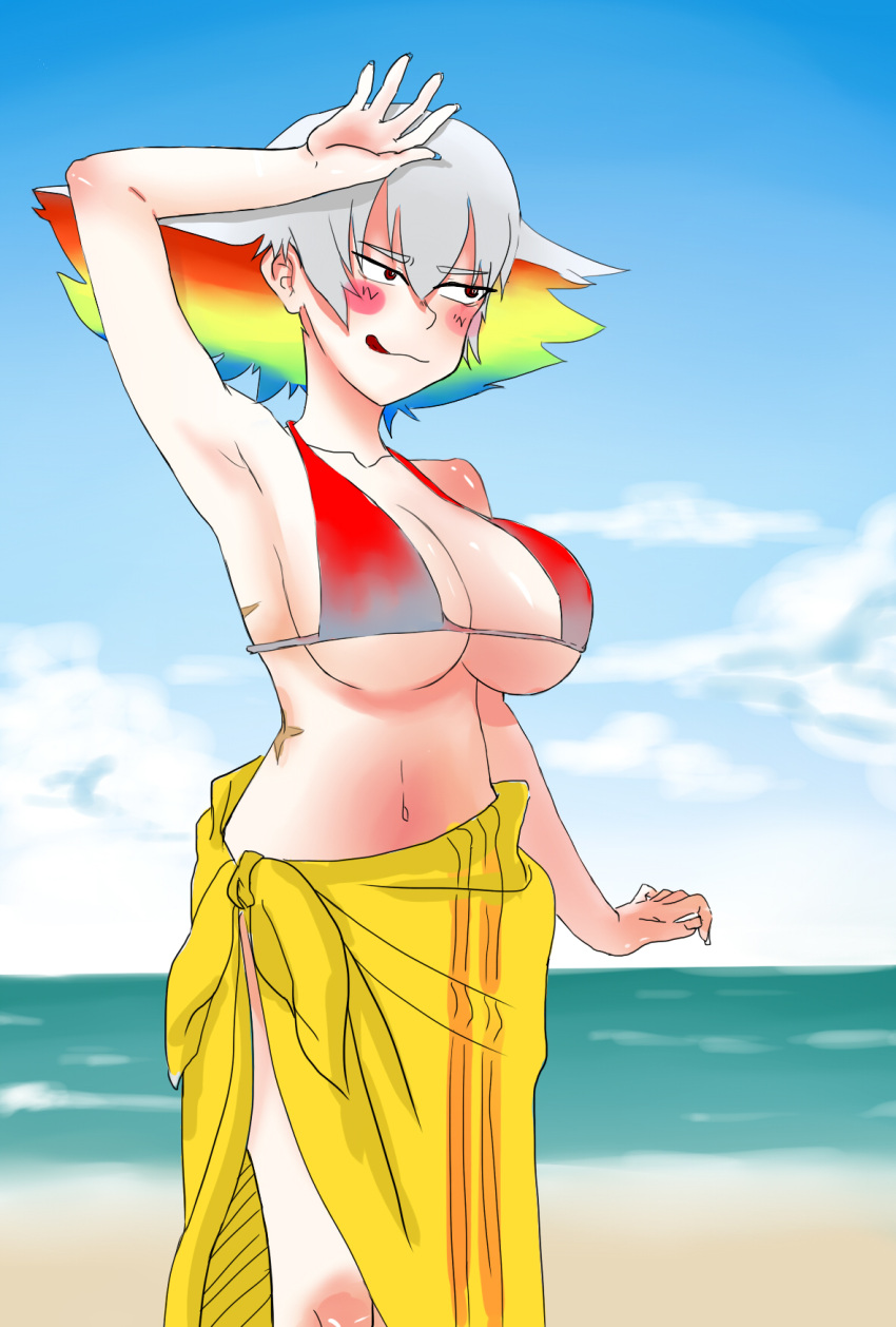 1girl beach bikini blush breasts cleavage eyebrows highres kill_la_kill kiryuuin_ragyou large_breasts multicolored_hair mumu_ichie out_of_character rainbow_hair sarong scar sunburn swimsuit thick_eyebrows tongue tongue_out