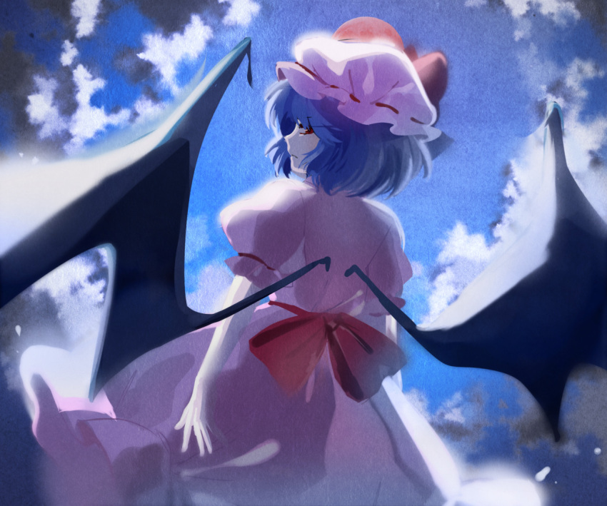 akiyoku bat_wings blue_sky bow clouds dress from_behind hat red_eyes remilia_scarlet short_hair sky touhou wings