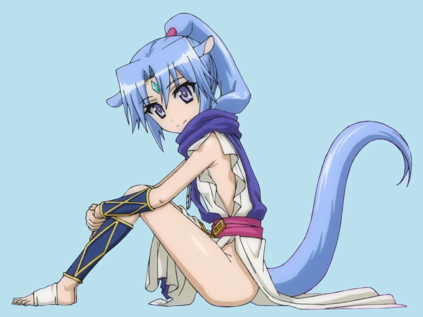 animal_ears blue_eyes blue_hair bracer dog_days forehead_jewel from_side horse_ears legs long_hair long_tail no_panties ponytail scarf sharu_(dog_days) side_slit sitting smile tabard tail