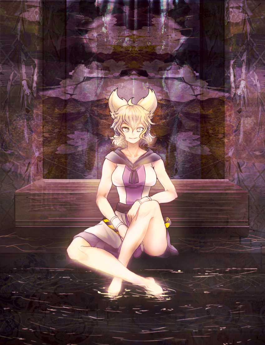 1girl bare_arms bare_legs barefoot belt blonde_hair bracelet collarbone earmuffs highres jewelry kitayuki_kajika looking_at_viewer pointy_ears pointy_hair sitting skirt smile soaking_feet solo touhou toyosatomimi_no_miko