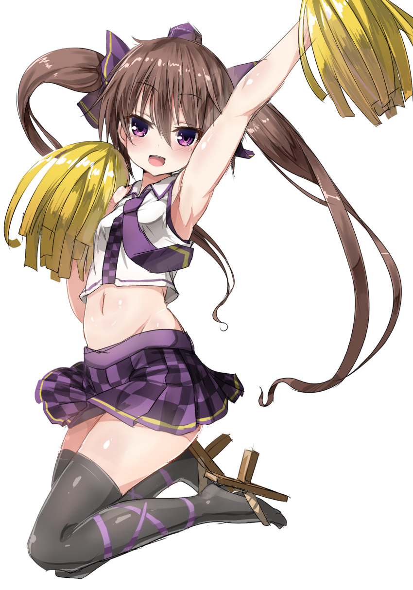 1girl 5240mosu adapted_costume alternate_costume arm_up black_legwear blush bow brown_hair checkered checkered_skirt cheerleader geta hair_bow hair_ornament hat highres himekaidou_hatate jumping long_hair looking_at_viewer midriff navel necktie open_mouth pom_poms shirt simple_background skirt sleeveless smile solo tengu-geta thigh-highs tokin_hat touhou violet_eyes white_background