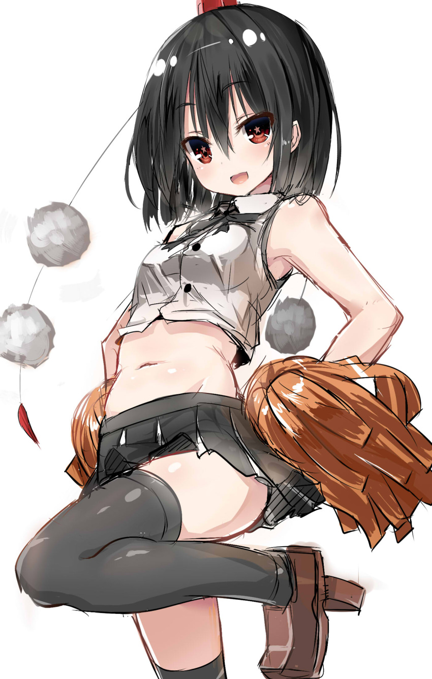 1girl 5240mosu adapted_costume alternate_costume black_hair black_legwear bow cheerleader colored geta hat highres looking_at_viewer midriff navel open_mouth pom_pom_(clothes) pom_poms red_eyes shameimaru_aya shirt short_hair simple_background sketch skirt sleeveless smile solo star star-shaped_pupils string symbol-shaped_pupils tengu-geta thigh-highs tokin_hat touhou white_background