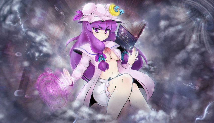 1girl bloomers blush bow bowtie breasts capelet crescent crescent_hair_ornament crescent_moon draw-till-death dress eyebrows hair_bow hair_ornament hair_ribbon hat hat_bow large_breasts long_hair long_sleeves looking_at_viewer midriff mob_cap moon navel patchouli_knowledge purple_dress purple_hair ribbon robe serious solo stomach thick_eyebrows tongue tongue_out touhou tress_ribbon under_boob underwear violet_eyes