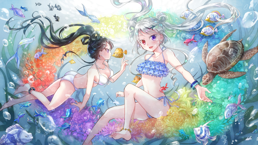 2girls anklet barefoot bikini black_hair bracelet bubble collarbone earrings fish flower freediving frilled_bikini frills heterochromia jewelry multiple_girls navel necklace nekozuki_yuki original ponytail rainbow_gradient red_eyes side-tie_bikini silver_hair smile swimming swimsuit turtle twintails underwater violet_eyes white_bikini