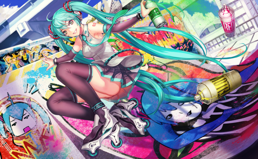1girl aqua_hair detached_sleeves graffiti green_eyes grin hatsune_miku infukun inline_skates long_hair outstretched_arms roller_skates shiteyan'yo skates skirt smile solo spray_paint spread_arms thigh-highs twintails very_long_hair vocaloid