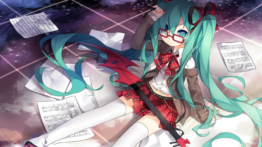 1girl alternate_costume bespectacled blazer bowtie glasses green_eyes green_hair guitar hair_over_one_eye hair_ribbon hatsune_miku instrument long_hair long_sleeves looking_at_viewer midriff navel necktie off_shoulder plaid plaid_bowtie plaid_skirt pleated_skirt plectrum ribbon saru sheet_music shirt sitting skirt solo thigh-highs twintails very_long_hair vocaloid white_legwear white_shirt wing_collar
